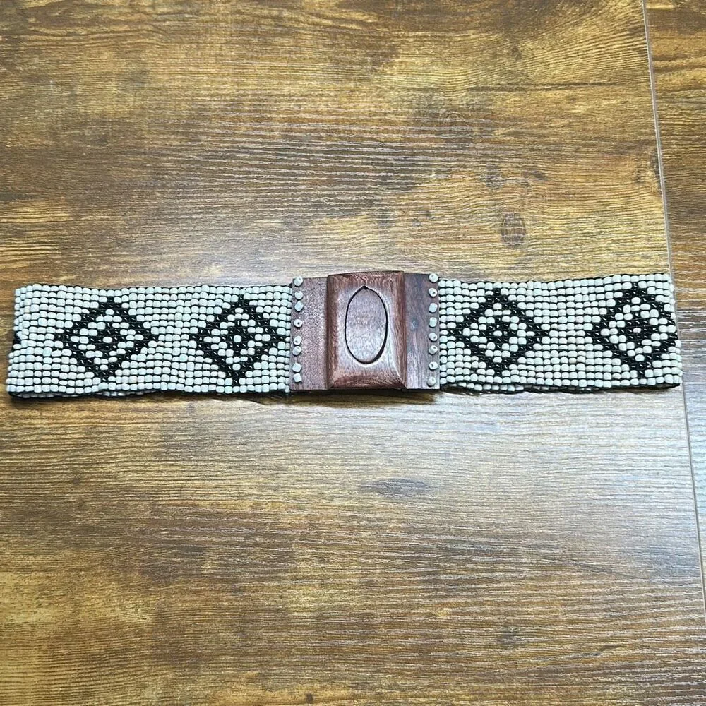 Women's Beaded Belt One Size Wide Wooden Hook Buckle Retro Boho Stretch Fit